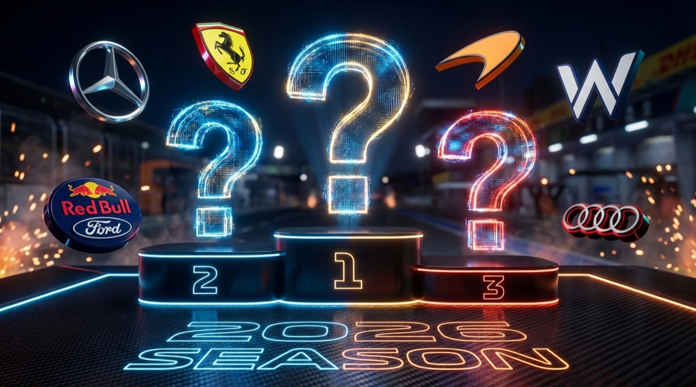 3D F1 podium with glowing question marks and floating logos for Mercedes, Ferrari, and Red Bull Ford, representing 2026 driver standings predictions