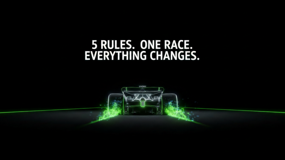 A 2026 F1 car launching with Active Aero deployed alongside the headline "5 Rules. One Race. Everything Changes — Melbourne March 8 2026"