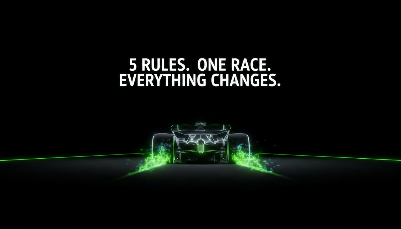 A 2026 F1 car launching with Active Aero deployed alongside the headline "5 Rules. One Race. Everything Changes — Melbourne March 8 2026"