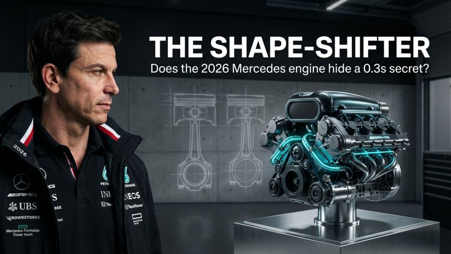Close-up of a 2026 Formula 1 hybrid engine next to a Mercedes team representative, highlighting the controversial 16:1 compression ratio thermal expansion loophole.