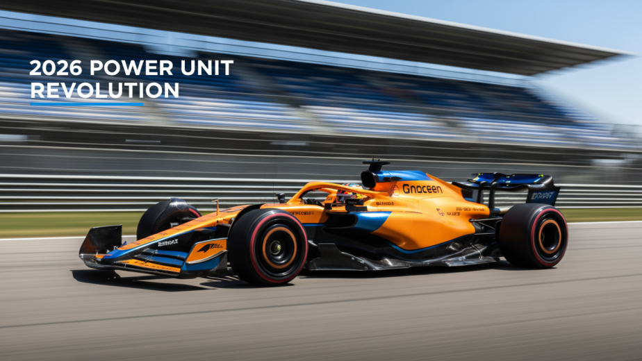A bright 16:9 minimalist shot of a 2026 McLaren F1 car in papaya orange on a sun-drenched track, representing the new power unit era.