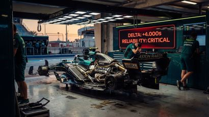 Aston Martin AMR26 stationary in Bahrain garage during 2026 pre-season testing failure.