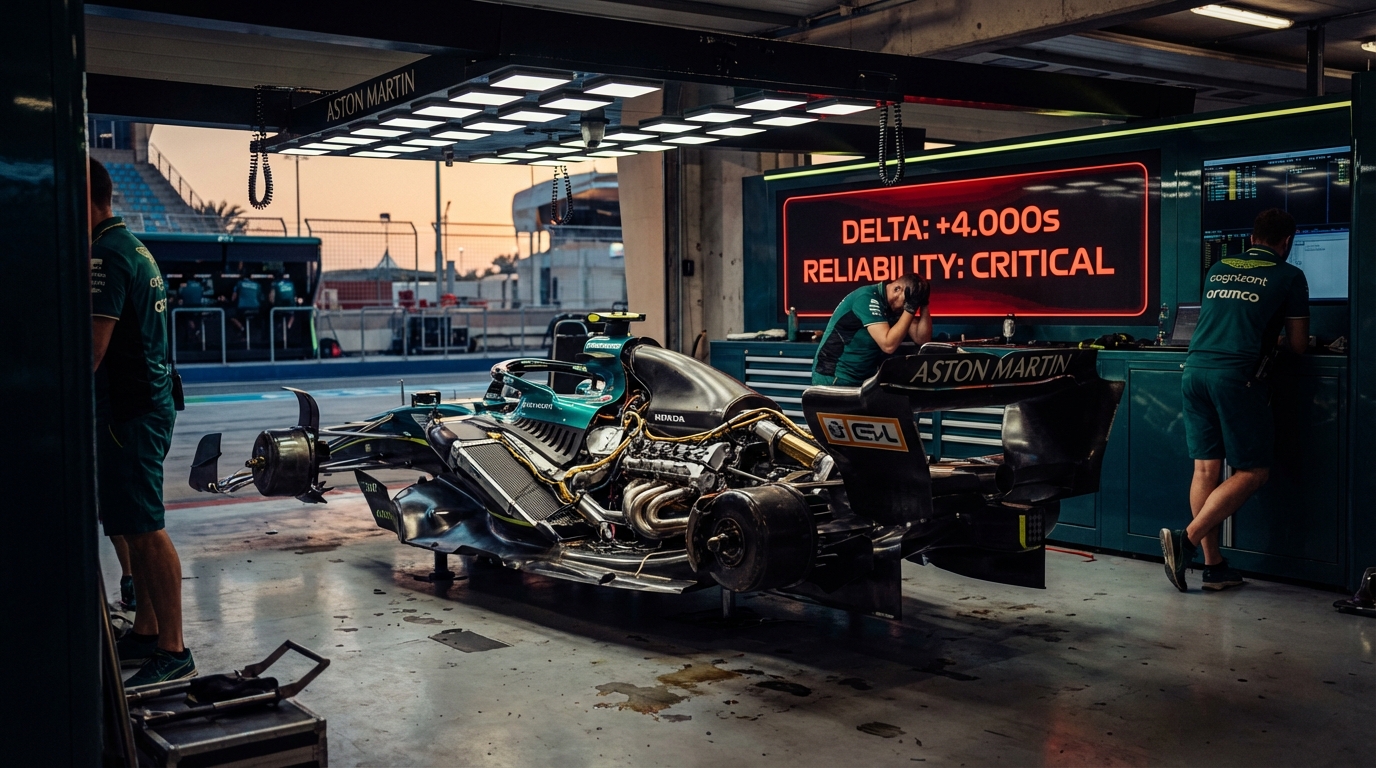 Aston Martin AMR26 stationary in Bahrain garage during 2026 pre-season testing failure.
