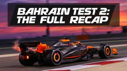 A 2026-spec Formula 1 car speeding across the Bahrain International Circuit at sunset with a news-style text overlay reading "BAHRAIN TEST 2: THE FULL RECAP."