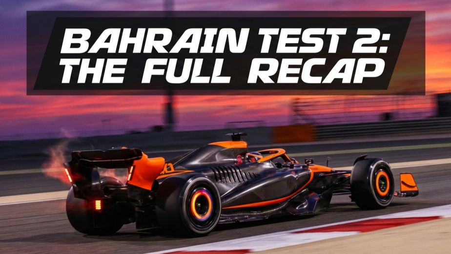 A 2026-spec Formula 1 car speeding across the Bahrain International Circuit at sunset with a news-style text overlay reading "BAHRAIN TEST 2: THE FULL RECAP."