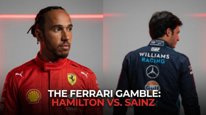 Lewis Hamilton in a red Ferrari race suit looking frustrated next to a graphic showing Carlos Sainz celebrating a Williams podium in 2025.