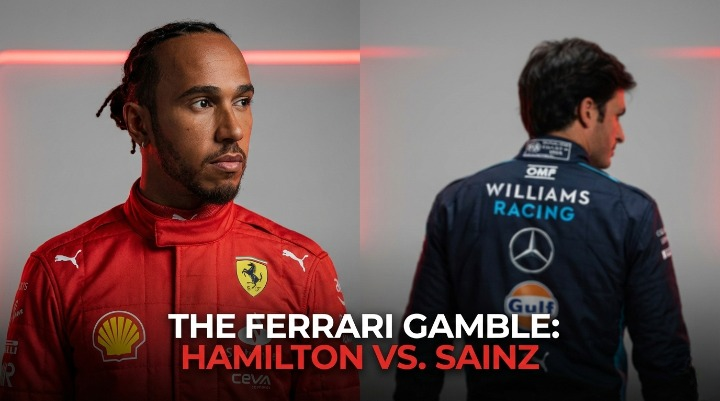 Lewis Hamilton in a red Ferrari race suit looking frustrated next to a graphic showing Carlos Sainz celebrating a Williams podium in 2025.