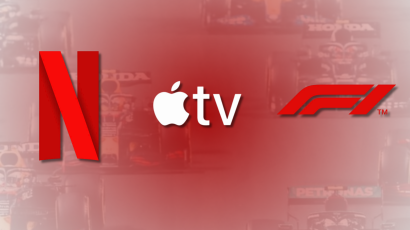A split-screen interface showing F1 telemetry data alongside the Netflix "Drive to Survive" logo on an Apple TV display.
