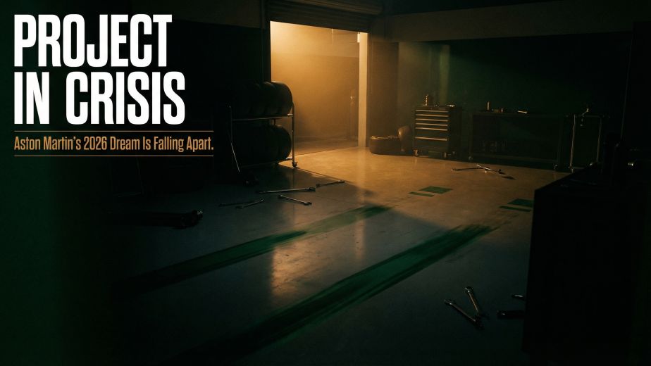 Aston Martin 2026 F1 crisis article with empty garage and project in crisis typography