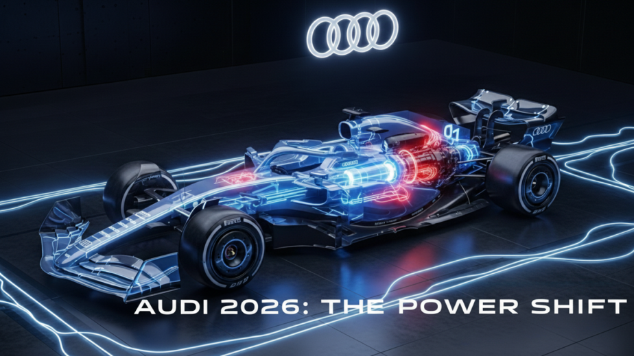 A transparent technical render of the Audi R26 F1 car showing the 2026 V6 hybrid power unit and 350kW electrical energy pulses.