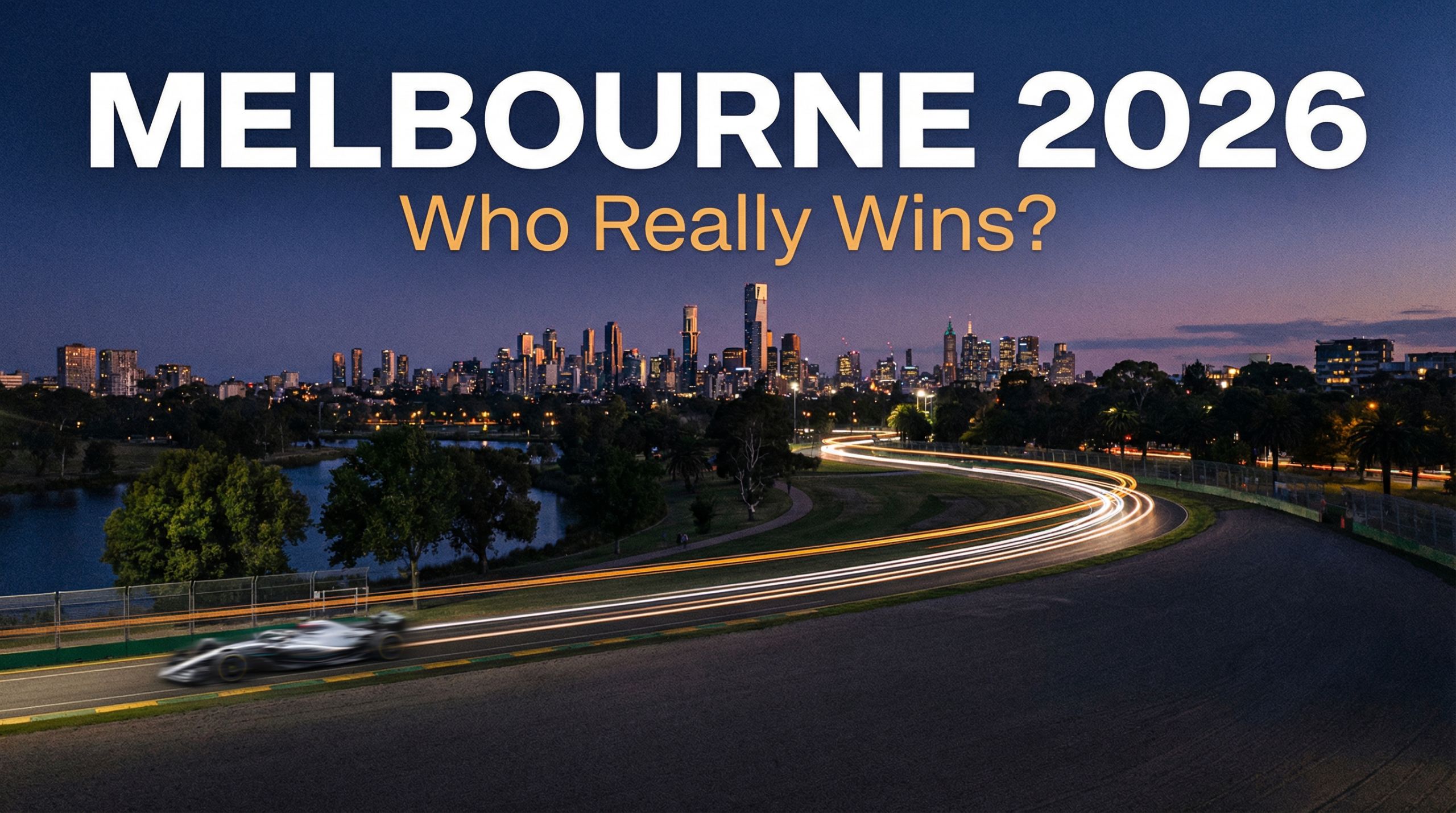 Australian GP 2026 preview image featuring Albert Park circuit at dusk with Melbourne skyline and bold race typography