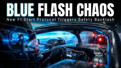 Formula 1 driver in cockpit blinded by new blue flash starting lights during a chaotic race start protocol.