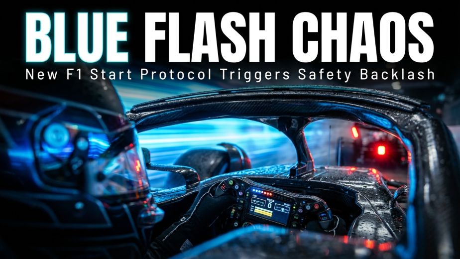 Formula 1 driver in cockpit blinded by new blue flash starting lights during a chaotic race start protocol.