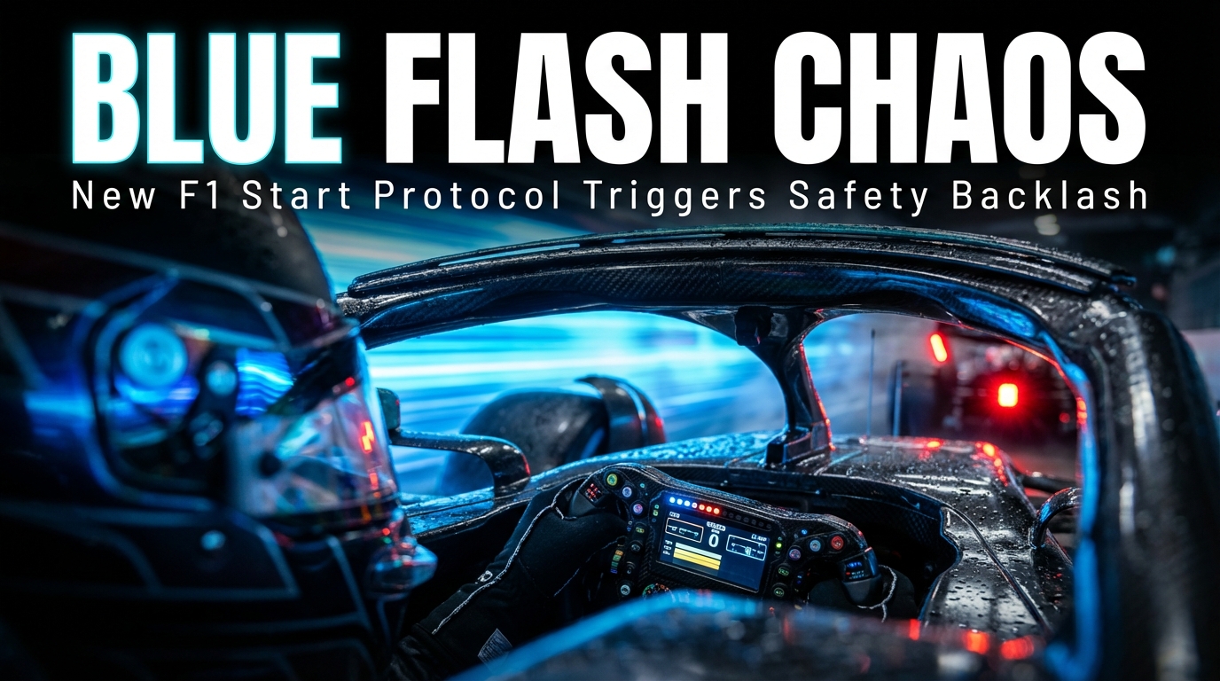 Formula 1 driver in cockpit blinded by new blue flash starting lights during a chaotic race start protocol.