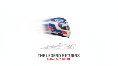 Minimalist graphic of Damon Hill's iconic 1996 helmet over a technical outline of the 2026 Williams F1 car.