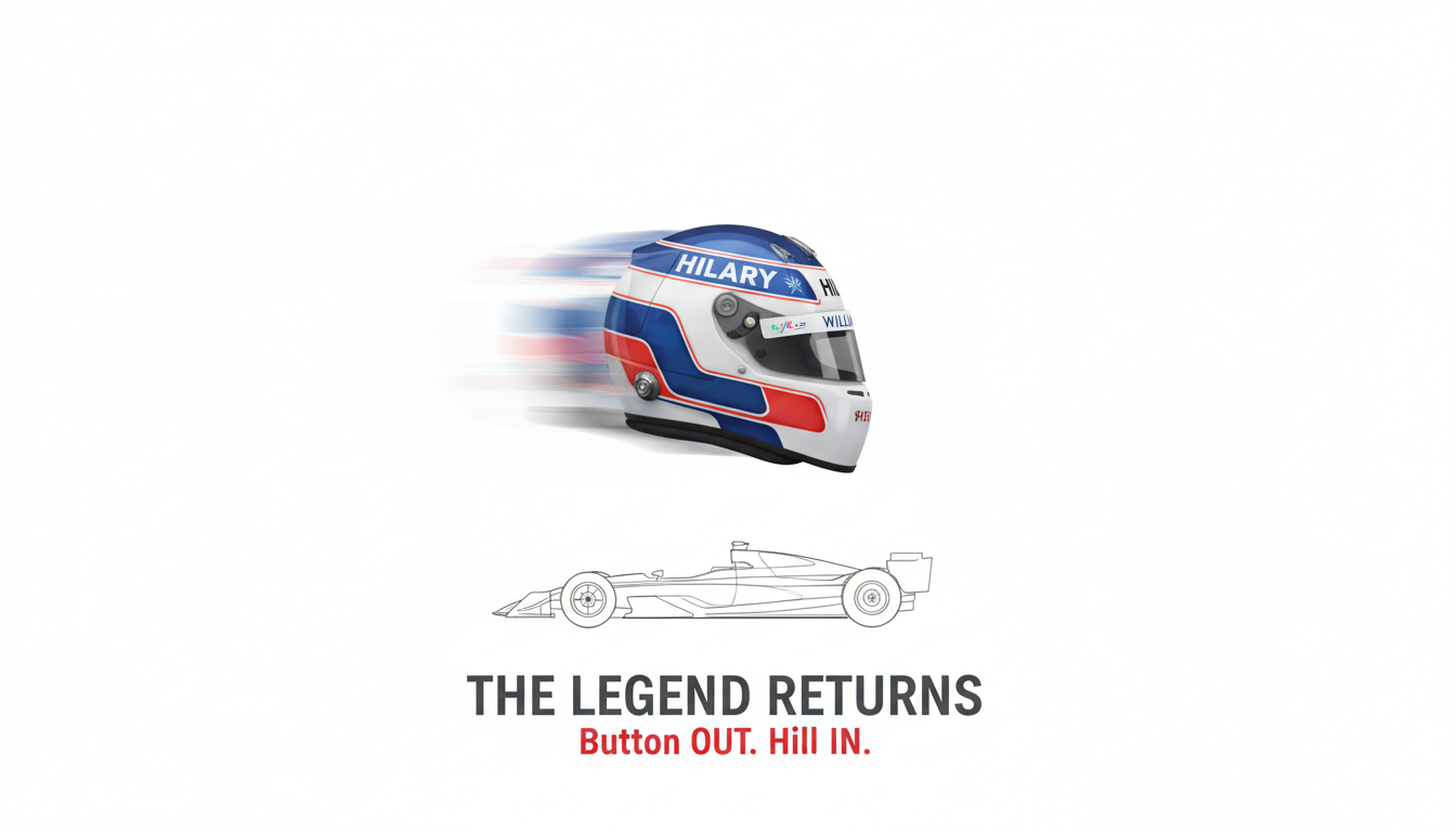 Minimalist graphic of Damon Hill's iconic 1996 helmet over a technical outline of the 2026 Williams F1 car.