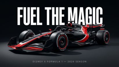 Mickey Mouse silhouette behind an F1 car at sunset representing the Disney Fuel the Magic 2026 partnership