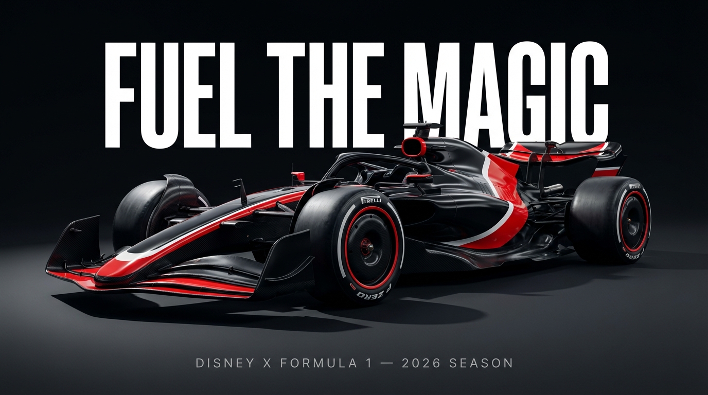 Mickey Mouse silhouette behind an F1 car at sunset representing the Disney Fuel the Magic 2026 partnership