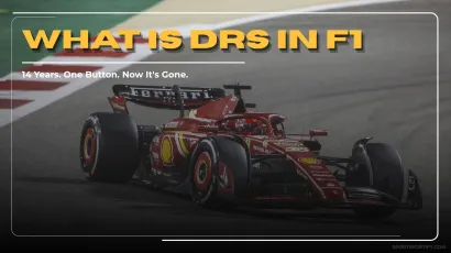 Ferrari F1 car rear wing showing the DRS flap system open on a straight
