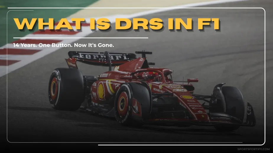 Ferrari F1 car rear wing showing the DRS flap system open on a straight
