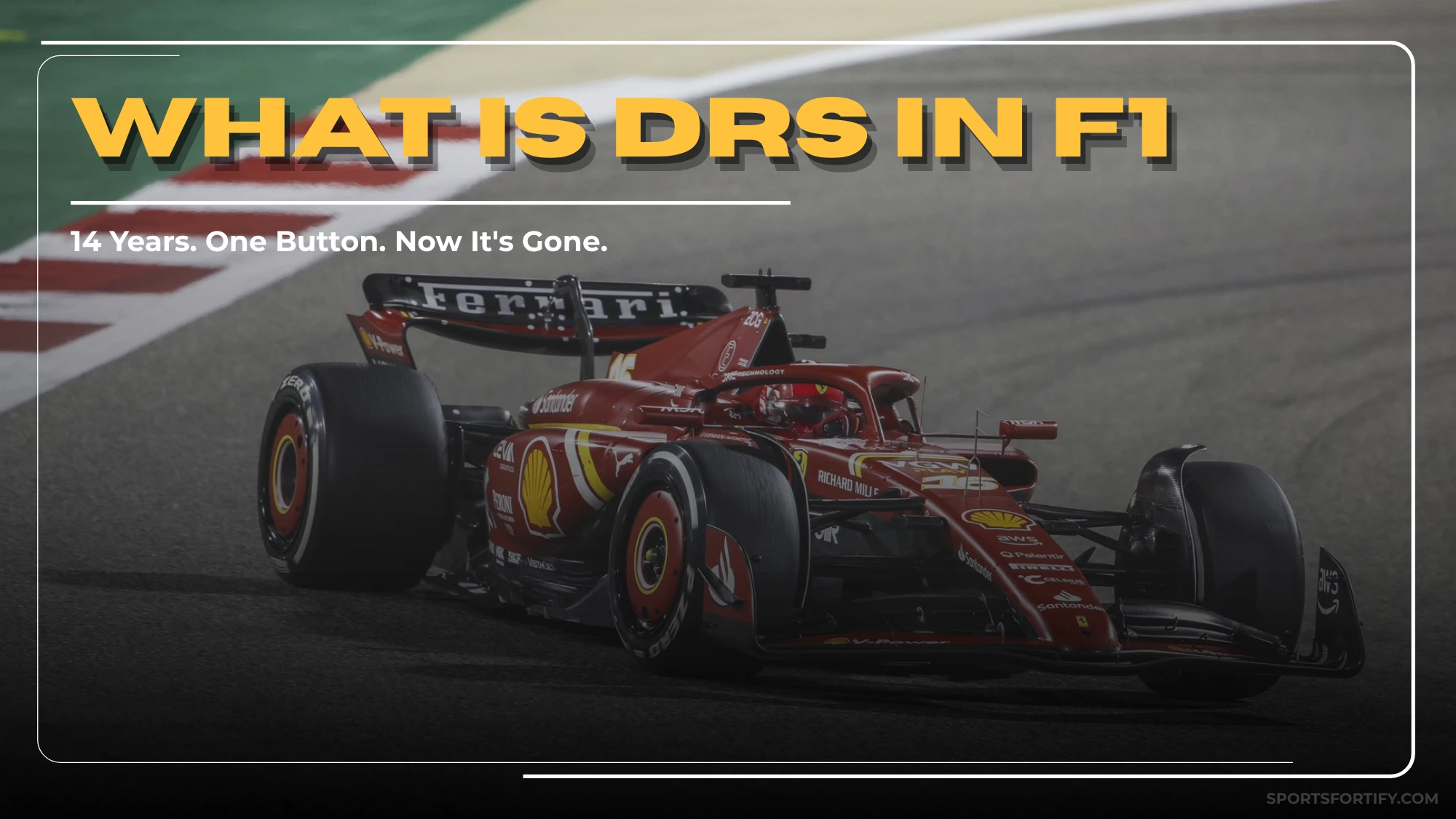 Ferrari F1 car rear wing showing the DRS flap system open on a straight