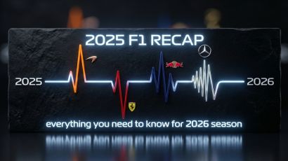 A minimalist 3D data-art timeline of the 2025 F1 season on a dark obsidian background, featuring a glowing telemetry line with McLaren, Ferrari, and Red Bull colors, a gold number 2 representing the title points gap, and years 2025 to 2026.