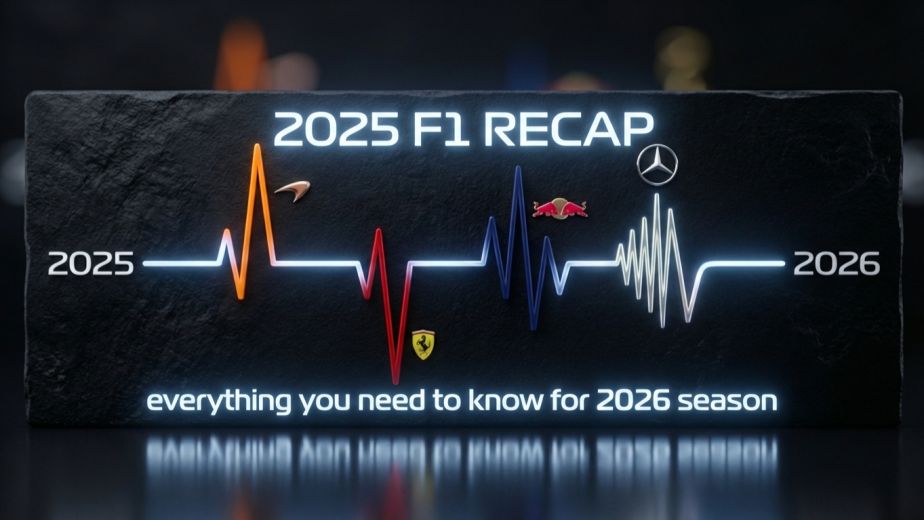 A minimalist 3D data-art timeline of the 2025 F1 season on a dark obsidian background, featuring a glowing telemetry line with McLaren, Ferrari, and Red Bull colors, a gold number 2 representing the title points gap, and years 2025 to 2026.