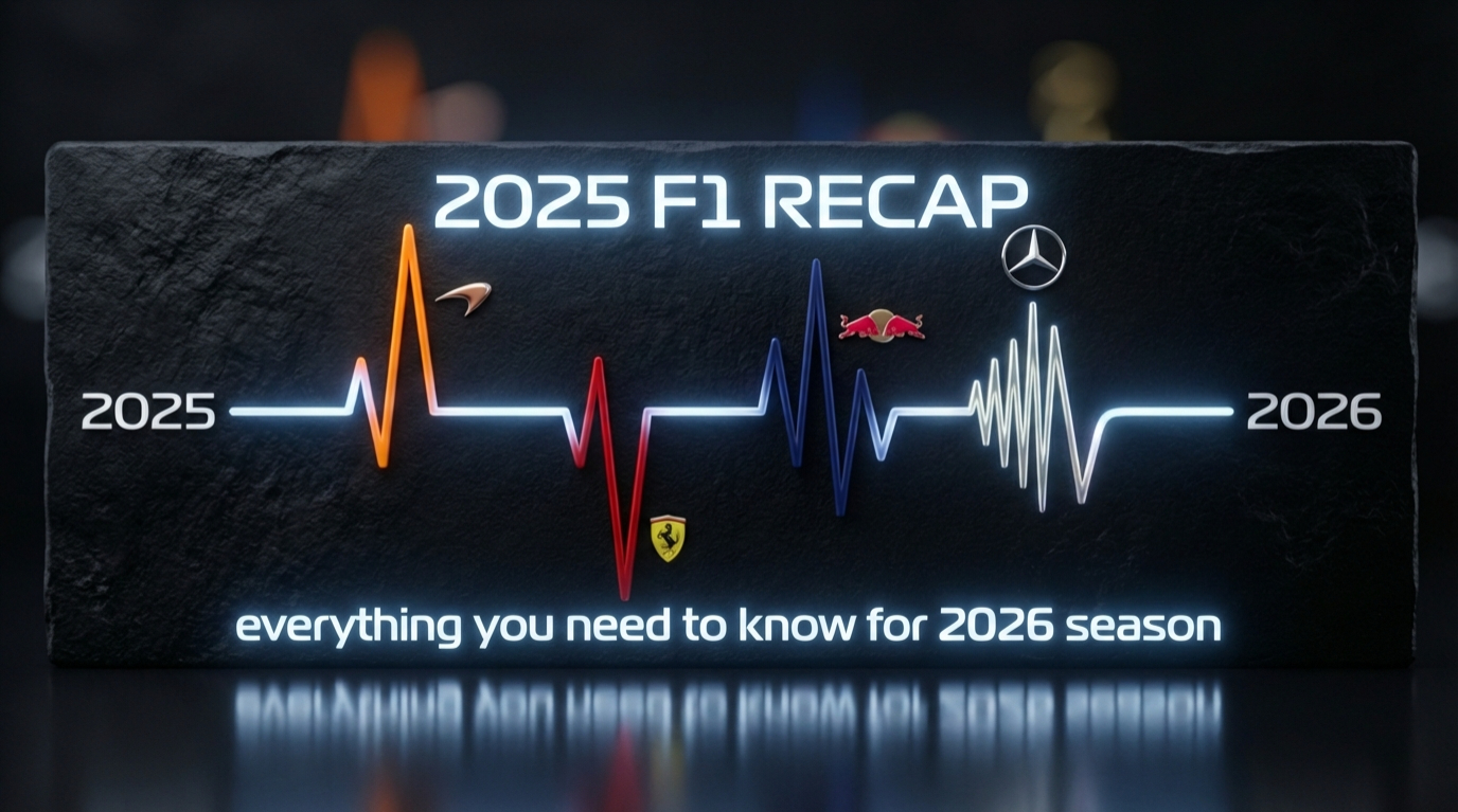 A minimalist 3D data-art timeline of the 2025 F1 season on a dark obsidian background, featuring a glowing telemetry line with McLaren, Ferrari, and Red Bull colors, a gold number 2 representing the title points gap, and years 2025 to 2026.