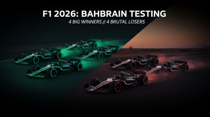 Minimalist editorial graphic of eight 2026 F1 car silhouettes on the Bahrain Sakhir circuit, split into green-lit winners and red-shadowed losers for preseason testing analysis.