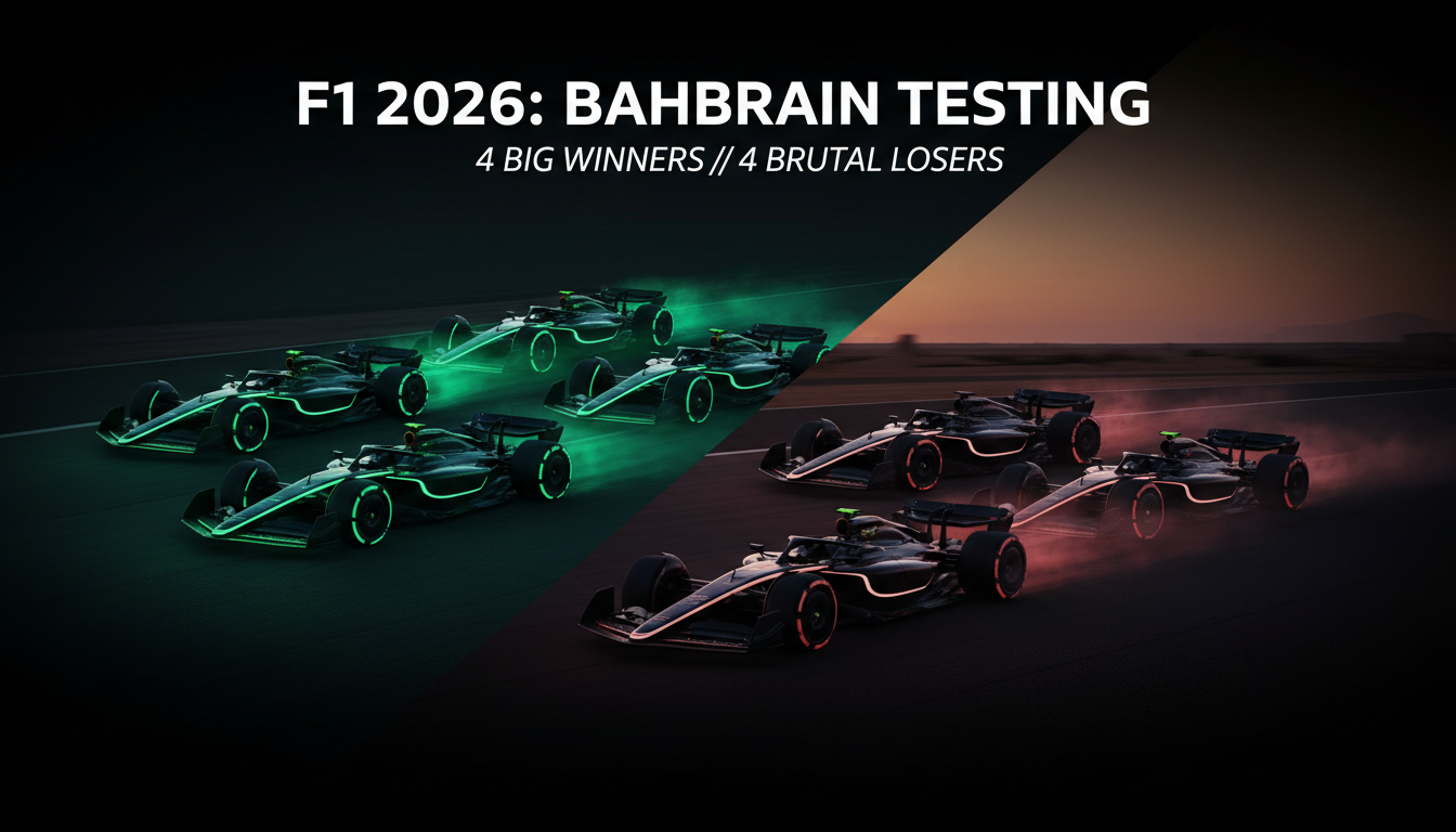 Minimalist editorial graphic of eight 2026 F1 car silhouettes on the Bahrain Sakhir circuit, split into green-lit winners and red-shadowed losers for preseason testing analysis.