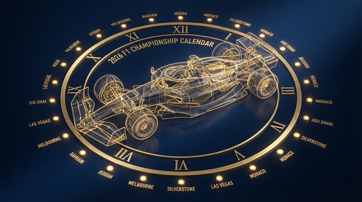 Infographic of the Formula 1 2026 race calendar featuring a sleek 2026-spec car with active aerodynamics, highlighting the Madrid Street Circuit debut and 100% sustainable fuel engines.
