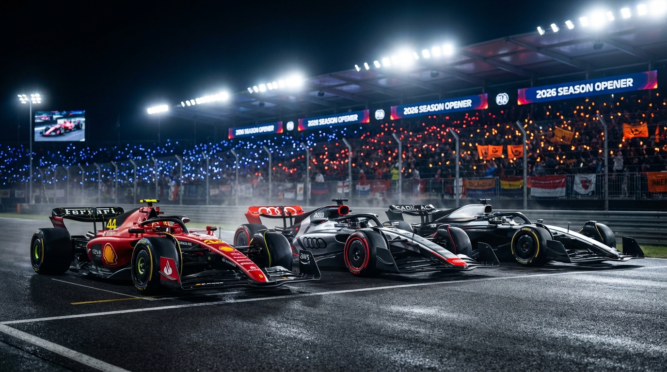 Official 2026 F1 driver lineup featuring Lando Norris in the #1 McLaren, Lewis Hamilton in the Ferrari, and the debut of Audi and Cadillac on the grid.