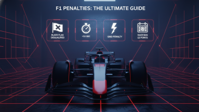 F1 penalties explained featuring the 12-point superlicense ban system and technical UI cards for black flags and grid penalties.
