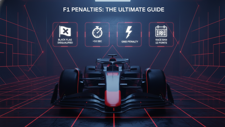F1 penalties explained featuring the 12-point superlicense ban system and technical UI cards for black flags and grid penalties.