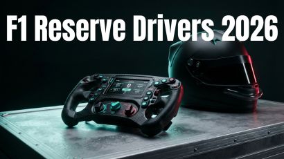 A high-contrast, professional magazine cover featuring a close-up of a carbon fiber Formula 1 steering wheel and a driver's helmet in silhouette. Sharp cinematic lighting highlights the brushed metal buttons and technical details against a dark, moody garage background.