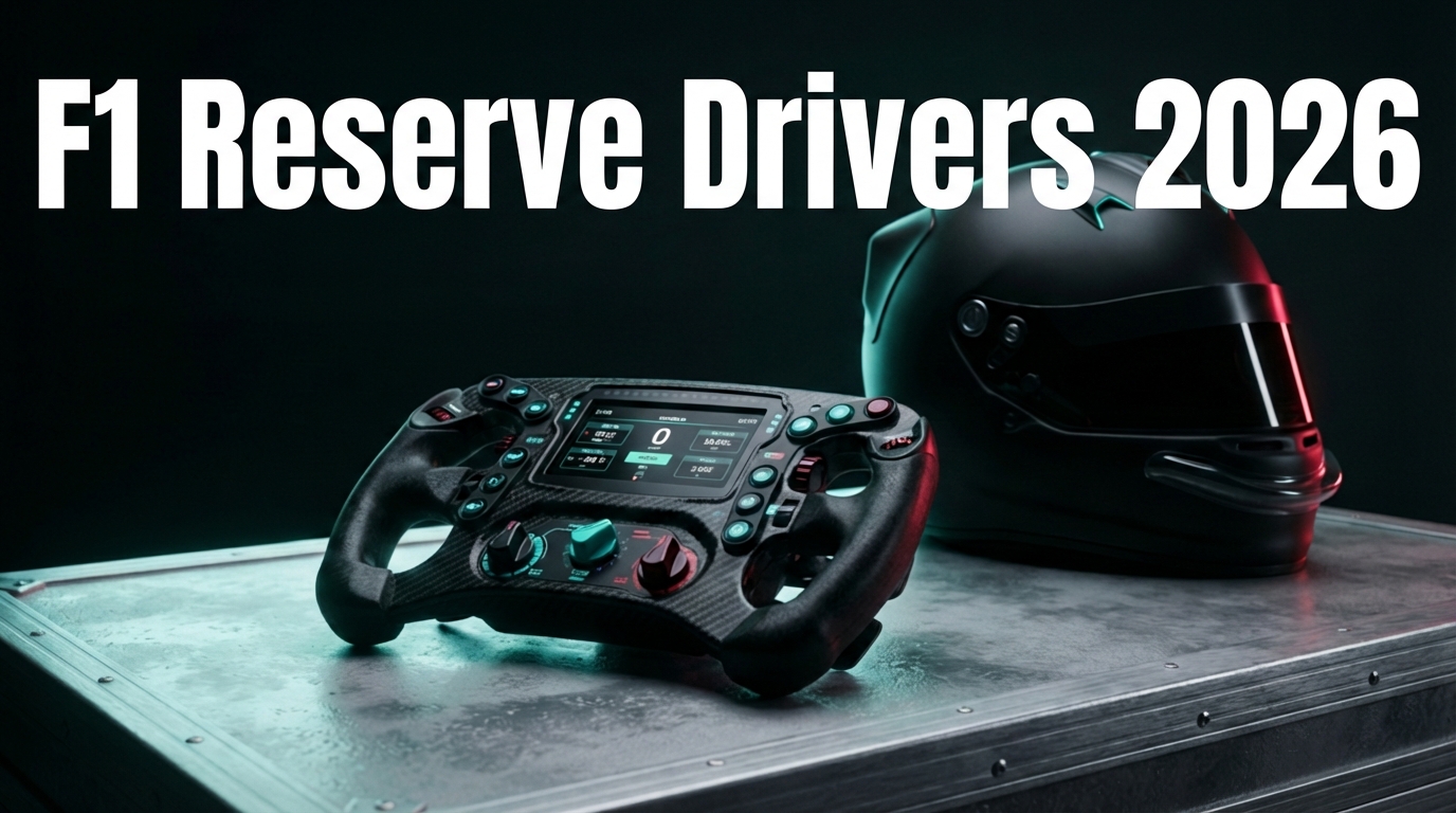 A high-contrast, professional magazine cover featuring a close-up of a carbon fiber Formula 1 steering wheel and a driver's helmet in silhouette. Sharp cinematic lighting highlights the brushed metal buttons and technical details against a dark, moody garage background.