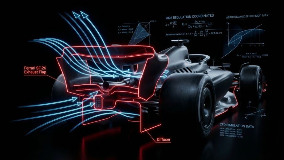 Close-up technical shot of the Ferrari SF-26 exhaust flap and extended diffuser during 2026 F1 pre-season testing in Bahrain.