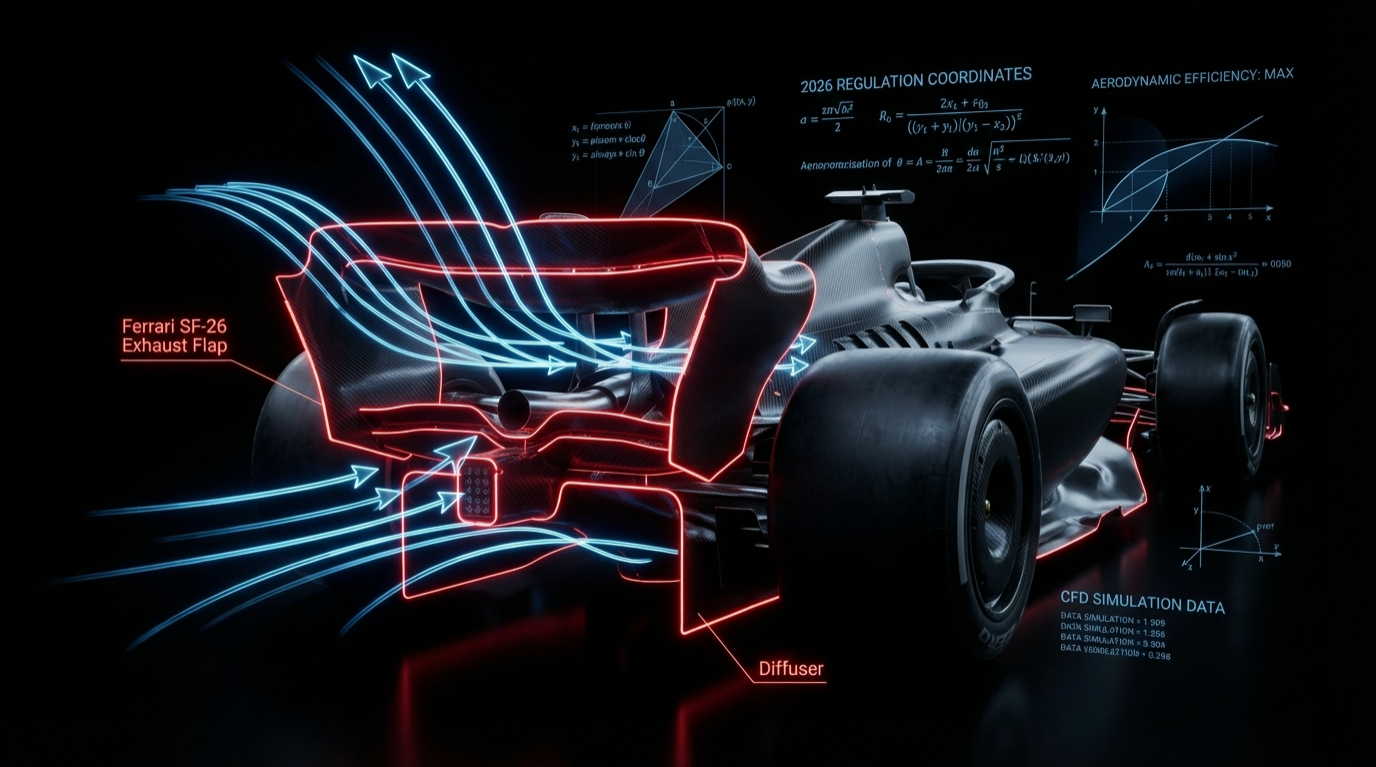 Close-up technical shot of the Ferrari SF-26 exhaust flap and extended diffuser during 2026 F1 pre-season testing in Bahrain.