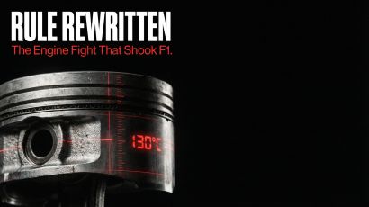 FIA F1 engine rule change 2026 piston close-up with 130C measurement overlay and bold typography