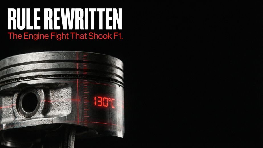 FIA F1 engine rule change 2026 piston close-up with 130C measurement overlay and bold typography