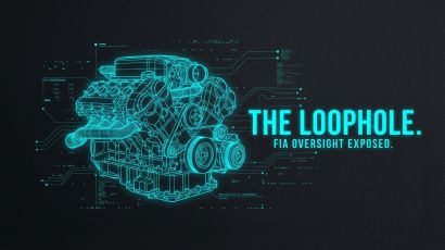 A technical wireframe blueprint of an F1 engine against a dark background with the text THE LOOPHOLE.