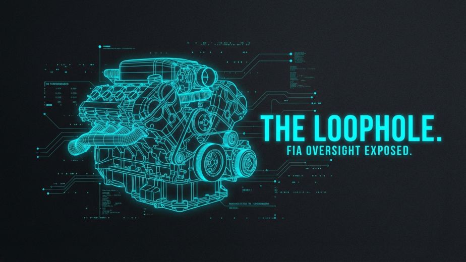 A technical wireframe blueprint of an F1 engine against a dark background with the text THE LOOPHOLE.