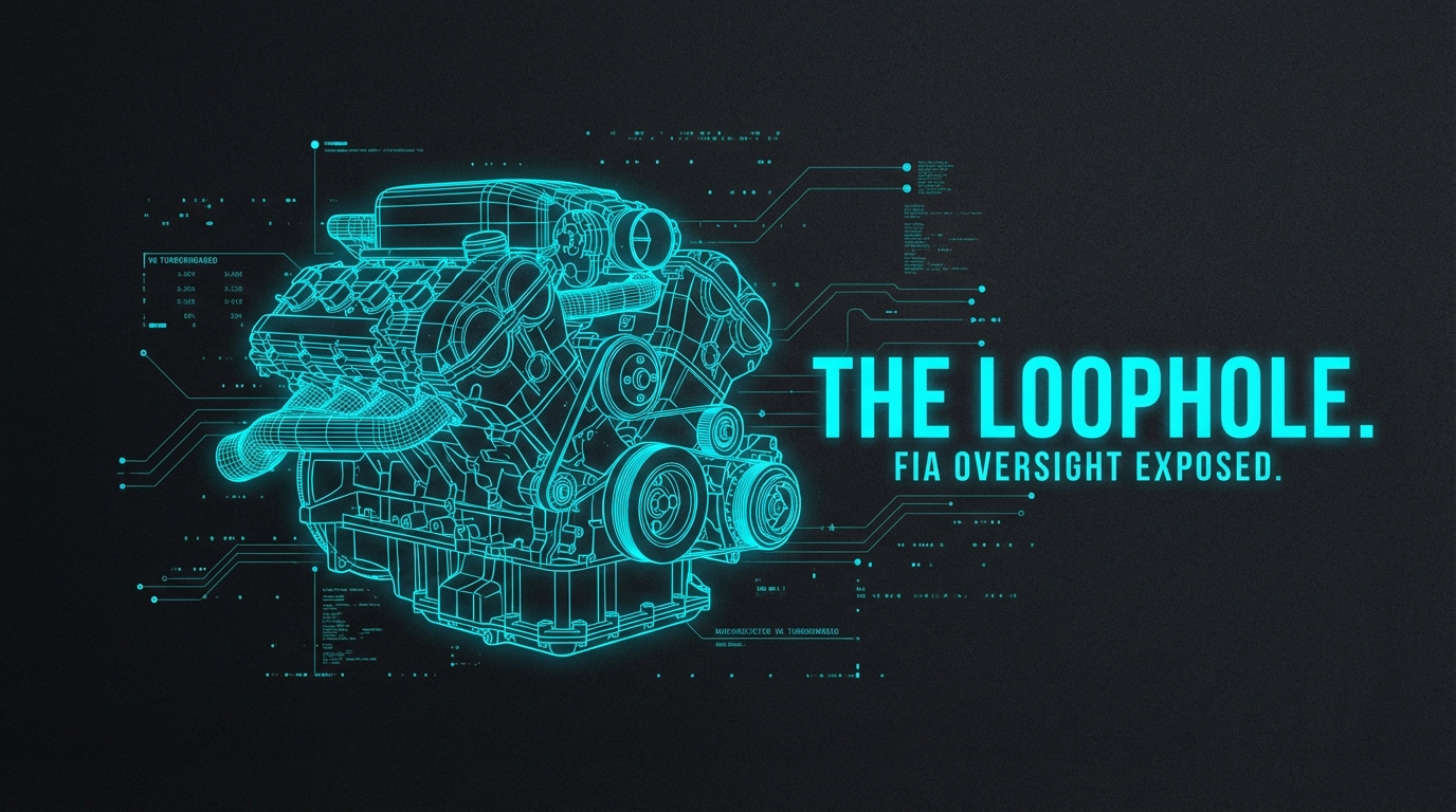 A technical wireframe blueprint of an F1 engine against a dark background with the text THE LOOPHOLE.