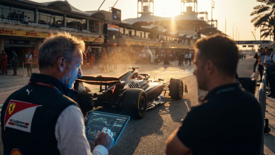 Lewis Hamilton inspecting the 2026 Ferrari active aero wing during a secret night test in Bahrain to find a performance loophole.