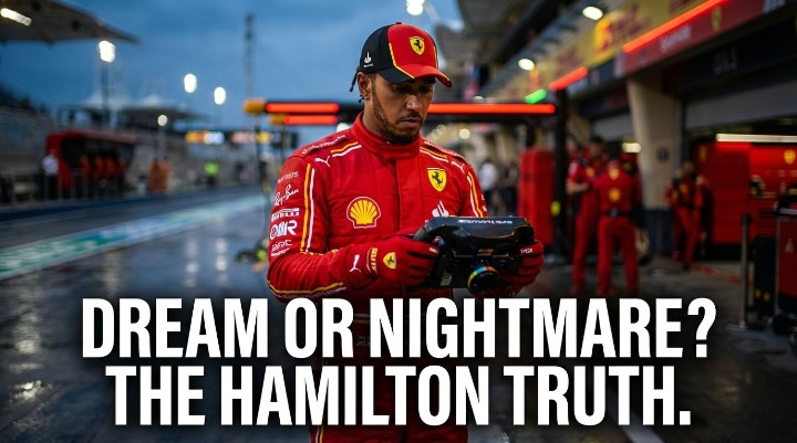 Lewis Hamilton looking dejected in the Ferrari garage during a difficult 2025 season review.