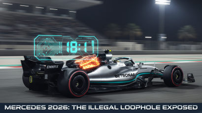 Close-up of the 2026 Mercedes W17 engine with a glowing orange internal combustion unit and a digital 18:1 compression ratio readout during Bahrain pre-season testing.