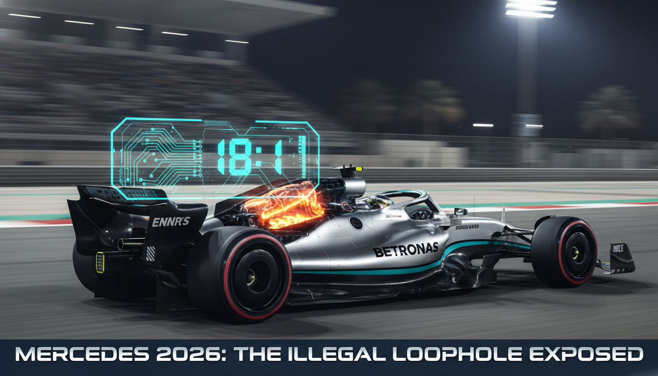Close-up of the 2026 Mercedes W17 engine with a glowing orange internal combustion unit and a digital 18:1 compression ratio readout during Bahrain pre-season testing.