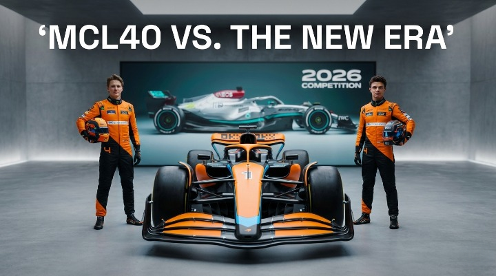 A professional 16:9 render of the 2026 McLaren MCL40 livery featuring World Champion Lando Norris and Oscar Piastri, with a silver Mercedes F1 car silhouette in the background.