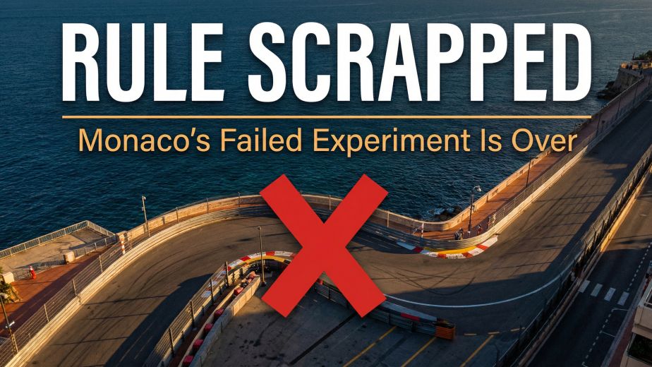 Monaco two-stop rule scrapped 2026 aerial view of Rascasse hairpin with bold rule scrapped typography