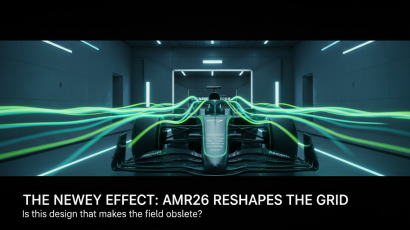 Adrian Newey standing next to the aggressive Aston Martin AMR26 car during the February 2026 technical showcase.